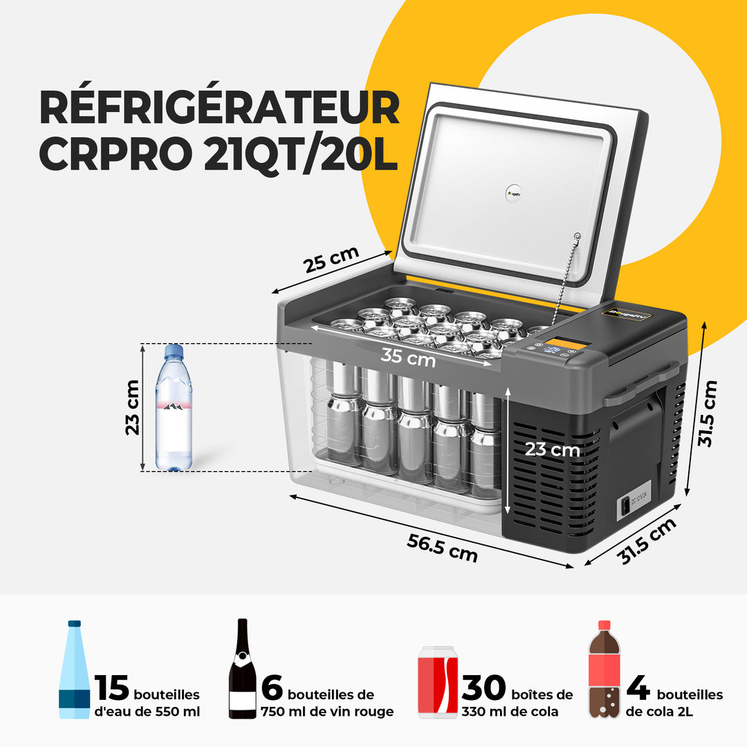 BougeRV CRPRO 20L 12V Réfrigérateur portable pour voiture Noir avec batterie 277WH
