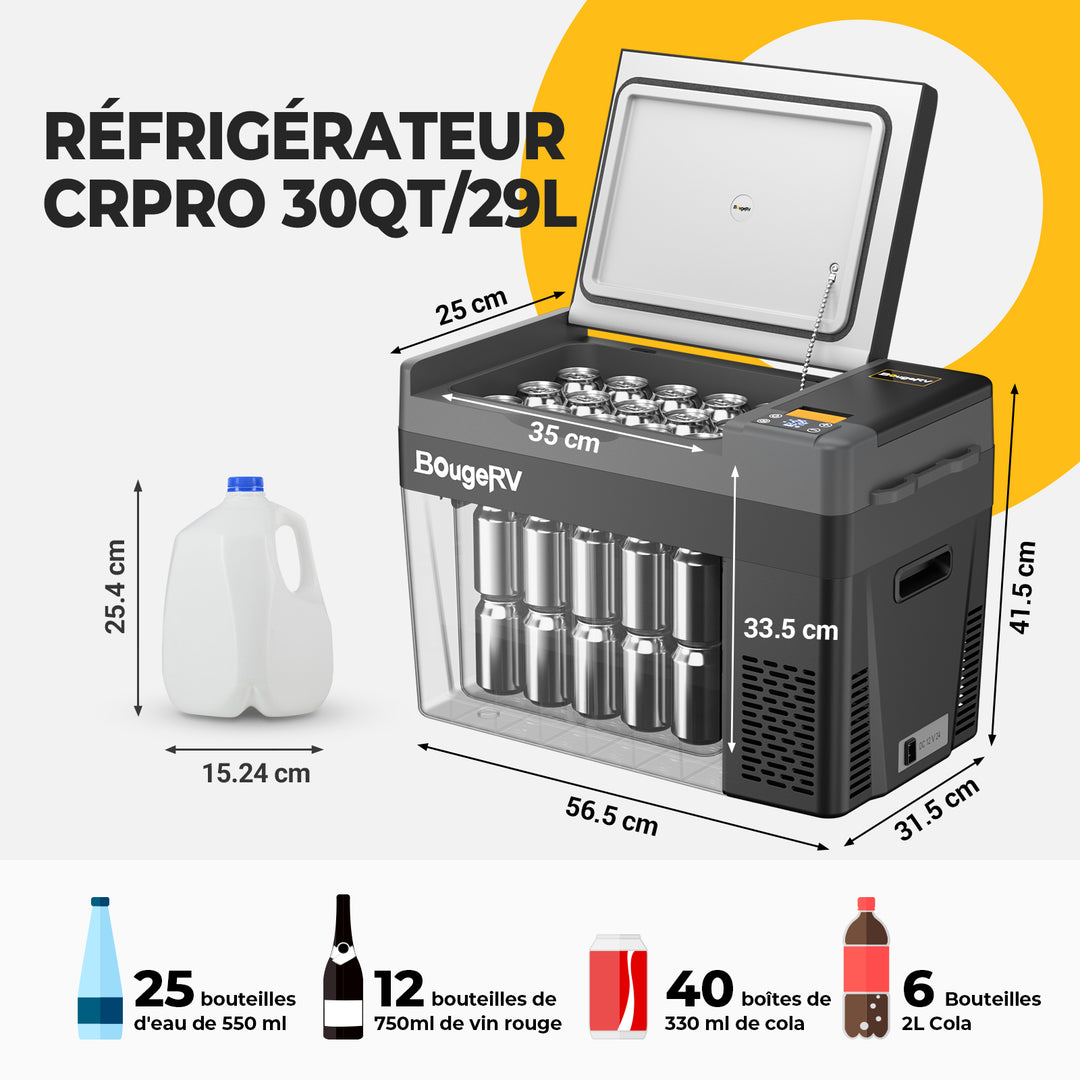 BougeRV CRPRO 29L 12V Réfrigérateur portable pour voiture Noir avec batterie 277Wh