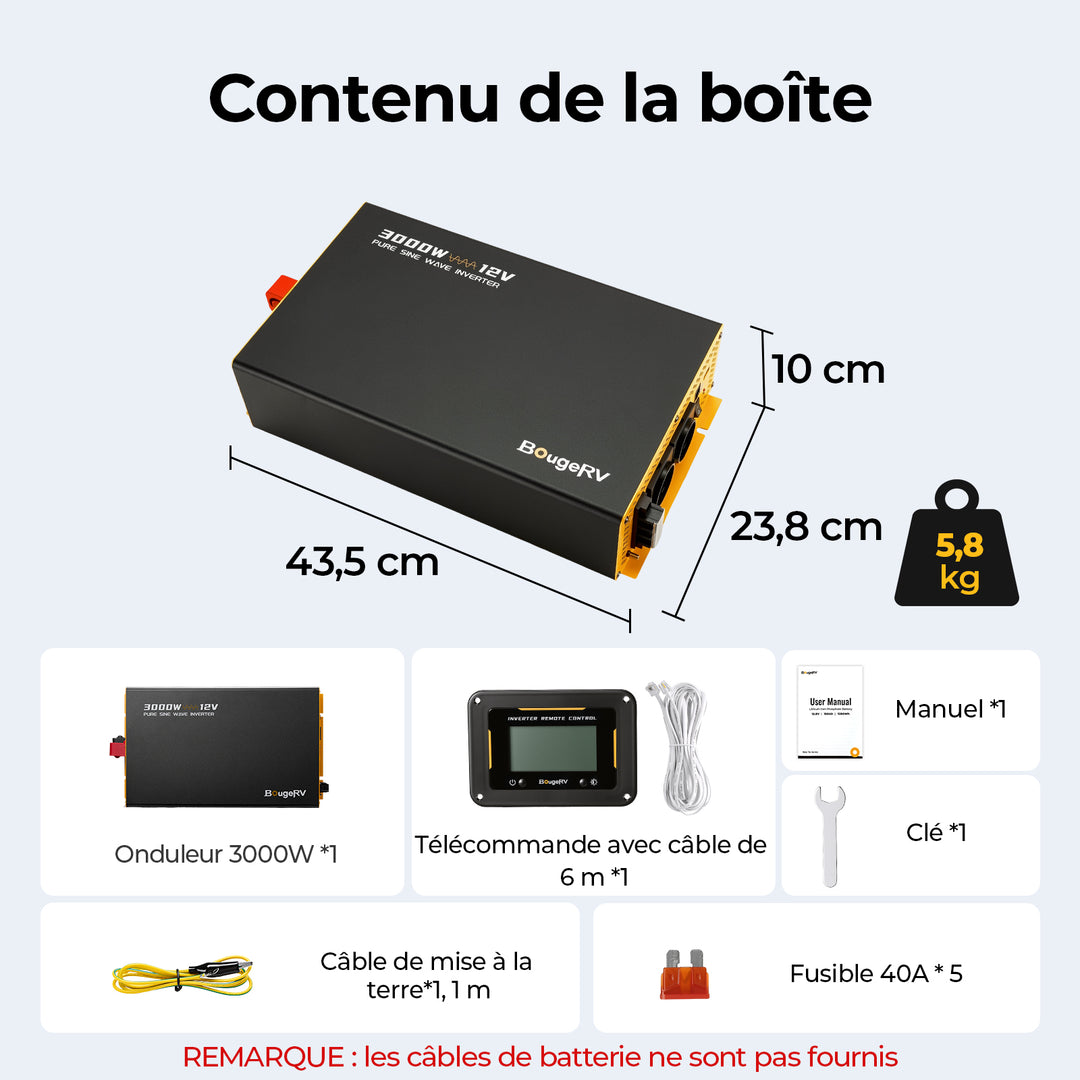 BougeRV Onduleur 3000W 12V à Onde Sinusoïdale Pure avec Bluetooth