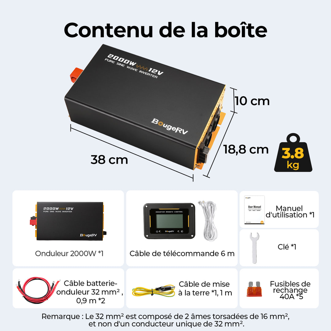 BougeRV Onduleur 2000W 12V Onde Sinusoïdale Pure