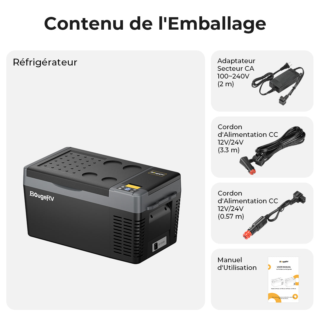 BougeRV CRPRO 20L 12V Réfrigérateur portable pour voiture Noir