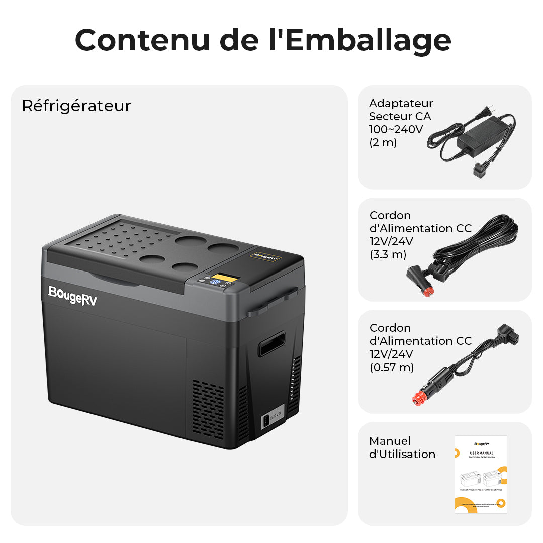 BougeRV CRPRO 29 litres 12V Réfrigérateur portable pour voiture Noir
