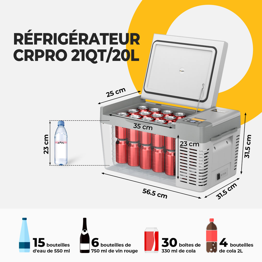 BougeRV CRPRO 20L 12V Réfrigérateur portable pour voiture blanc avec batterie 277Wh