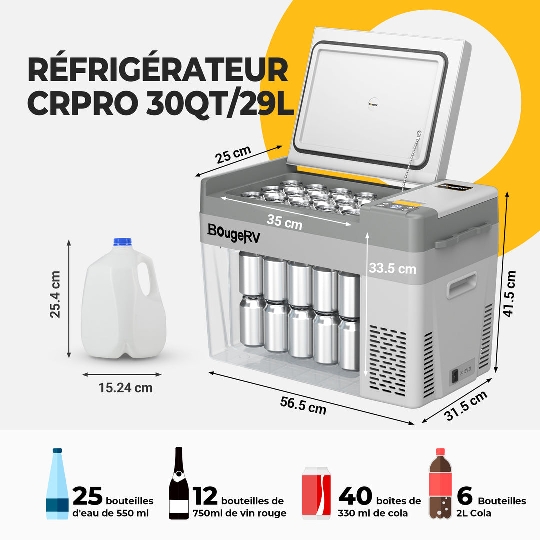 BougeRV CRPRO 29L 12V Réfrigérateur portable pour voiture Blanc avec batterie 277WH